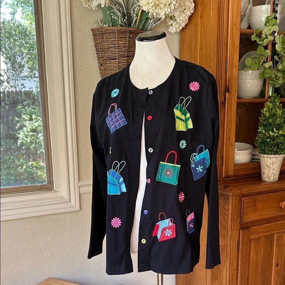 Vintage Whimsical Quacker Factory Black Jacket with Colorful Embroidery Sz M